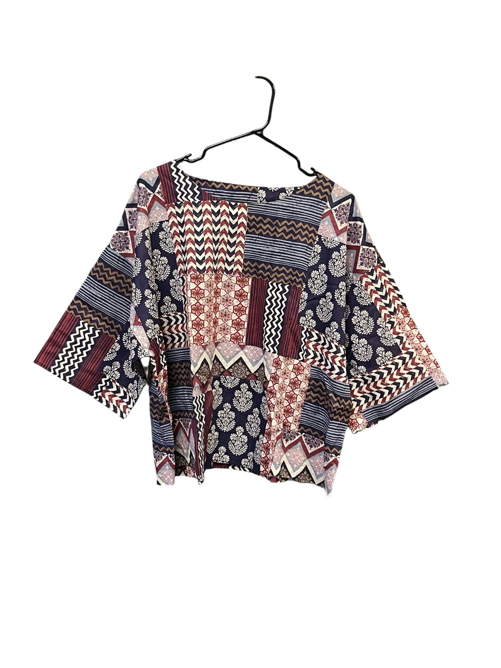 PureJill Organic Cotton Patchwork Print Top Women’s M Boho 3/4 Sleeve Blouse
